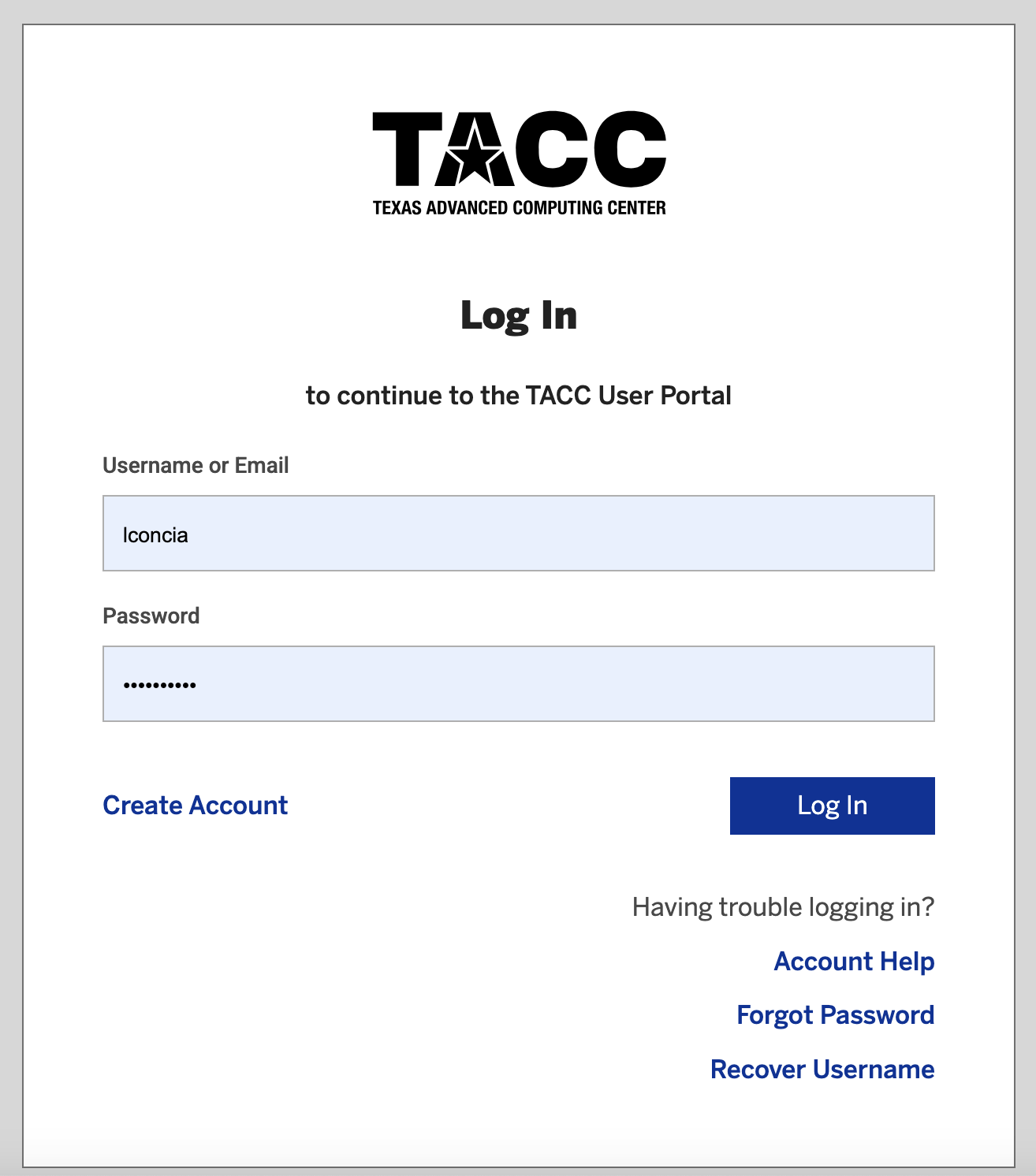 TACC login page